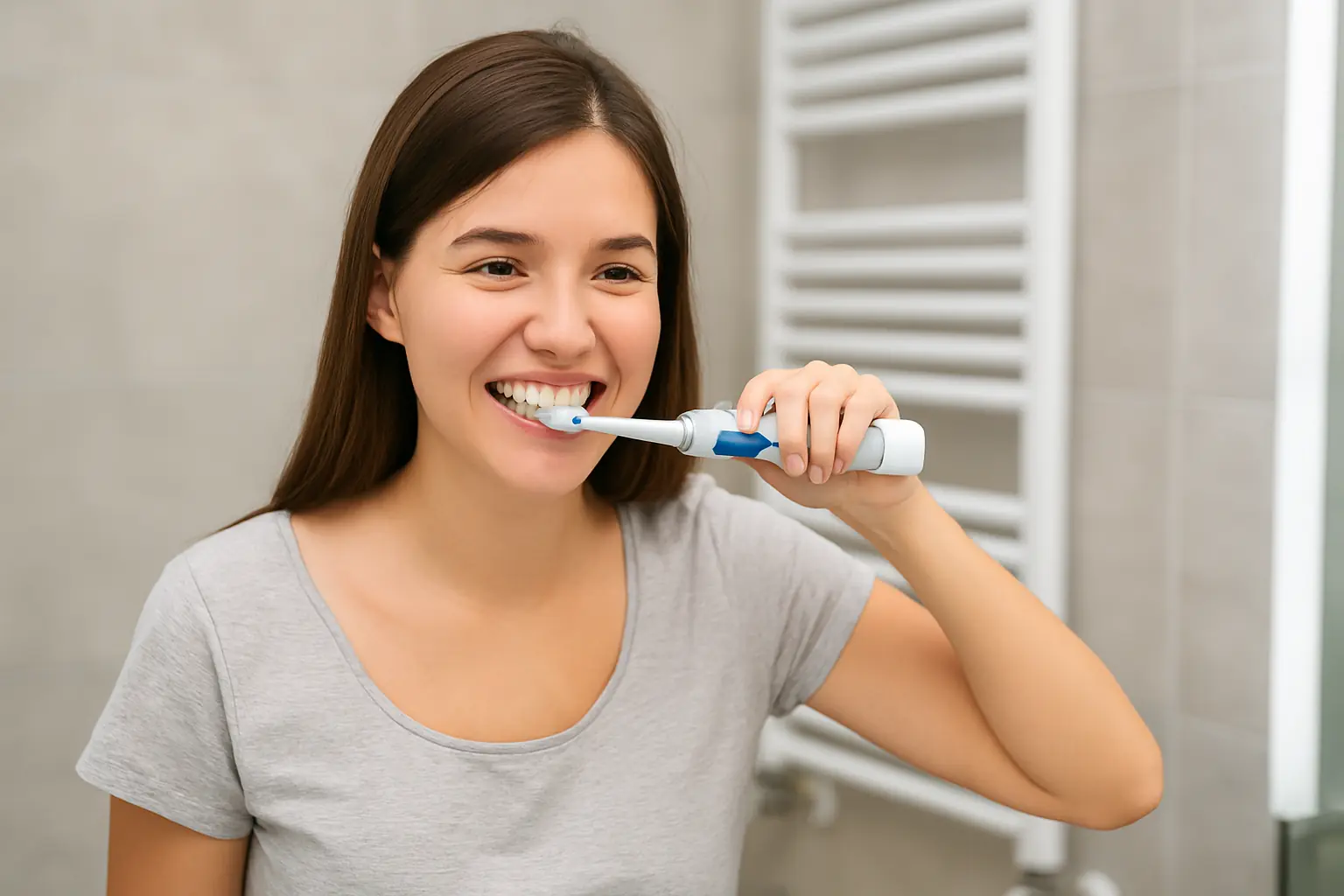 Chica cepillándose los dientes ante el espejo