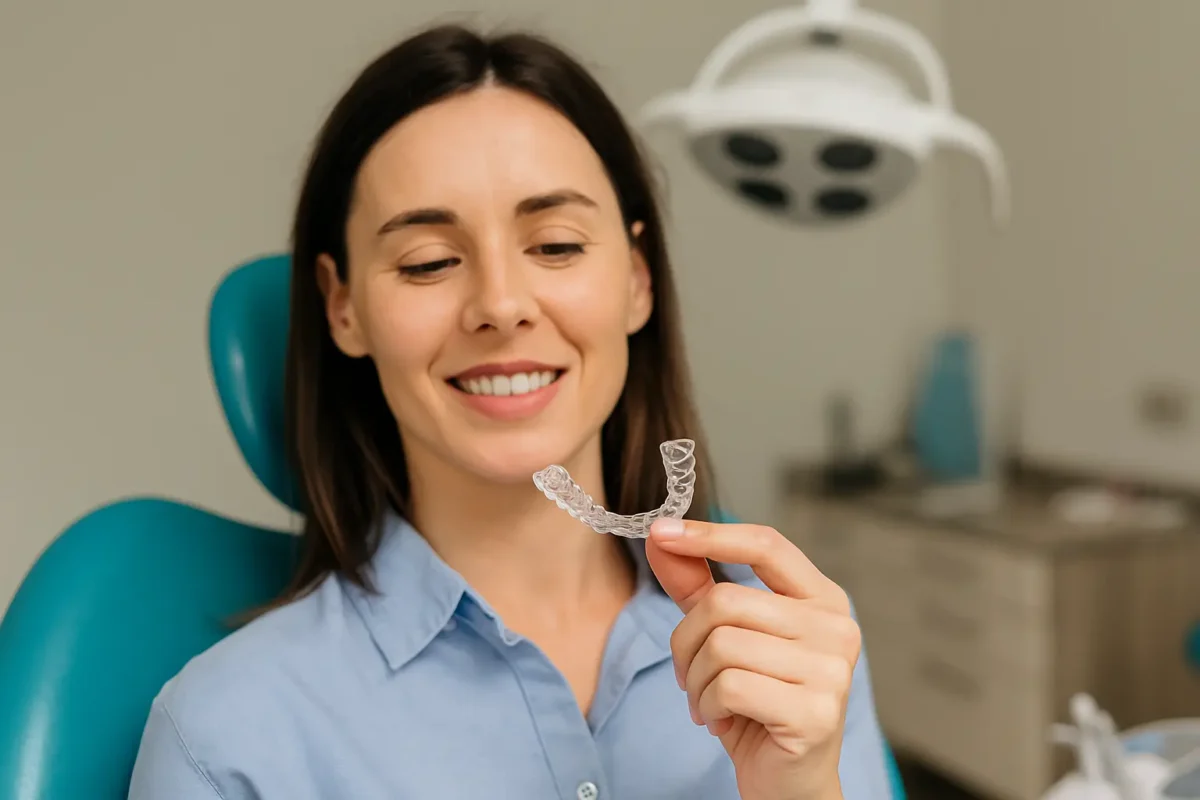 Mujer en consulta dental mostrando férula nocturna para el bruxismo tratamiento