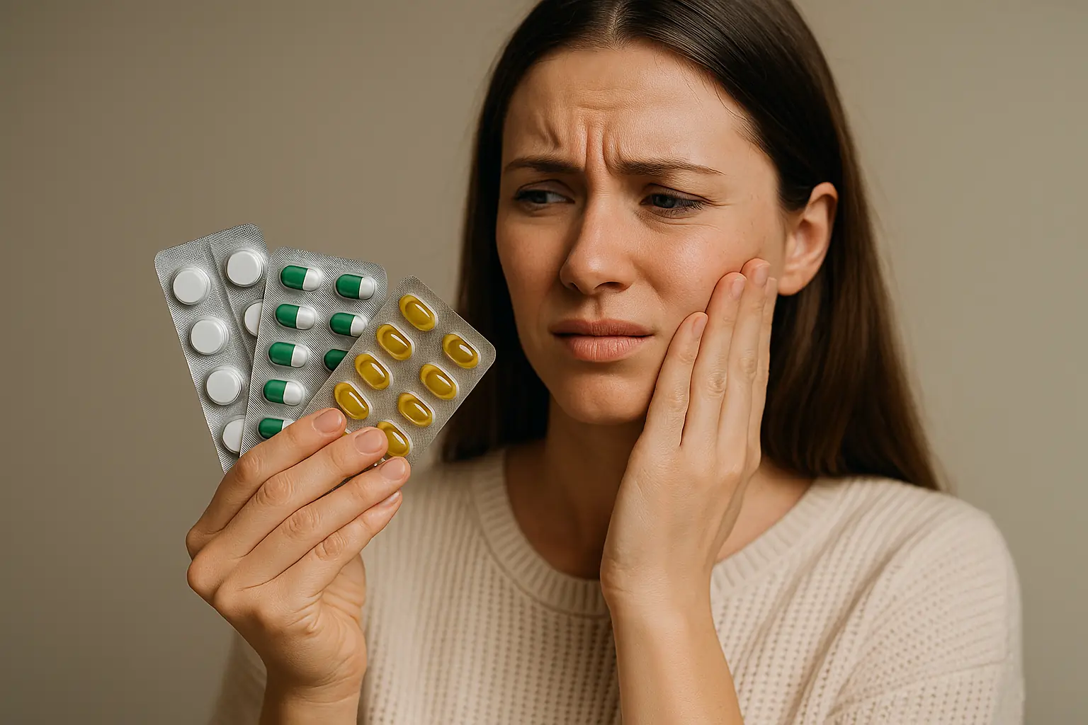 Mujer con dolor de muelas sosteniendo blísteres de medicamentos