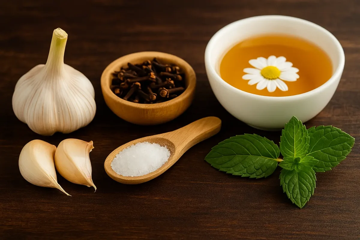 Ingredientes naturales para aliviar el dolor de muelas: ajo, clavo, sal, menta y té de manzanilla