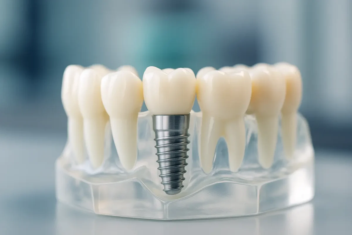 Modelo dental con implantes dentales colocados entre dientes naturales