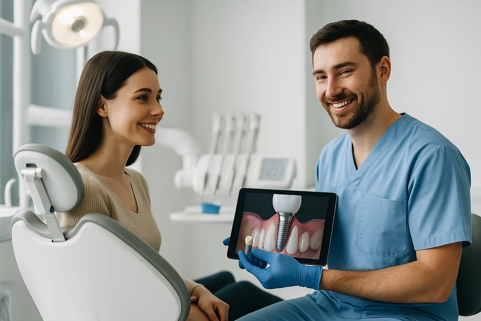 Paciente en clínica dental moderna durante una consulta de implantes dentales