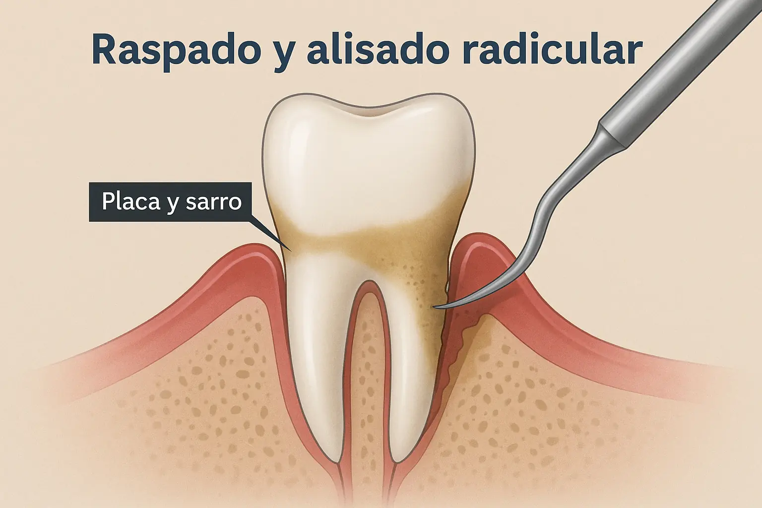 Ilustración dental del raspado y alisado radicular eliminando placa y sarro bajo la encía