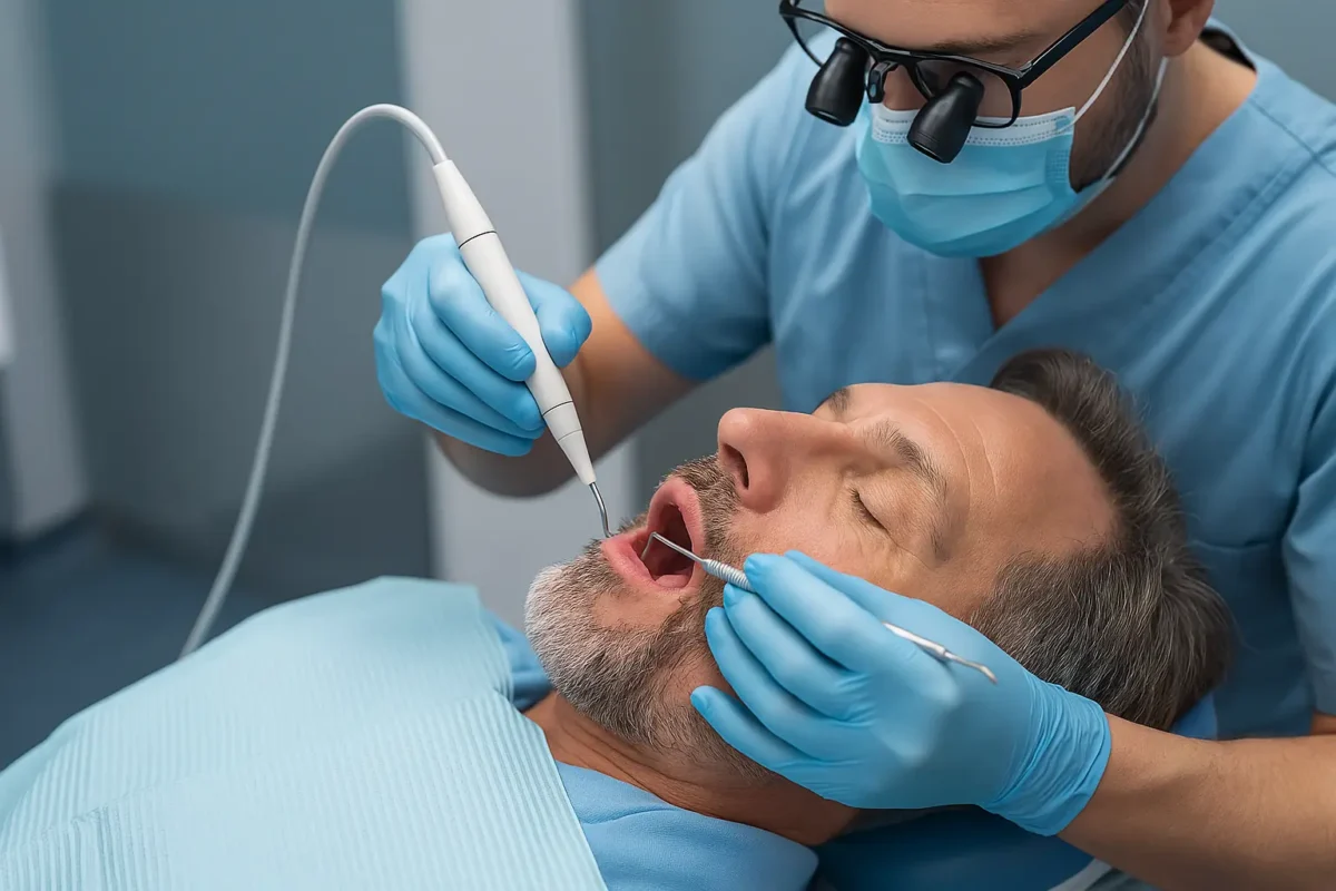 Dentista realizando raspado y alisado radicular en paciente con enfermedad periodontal