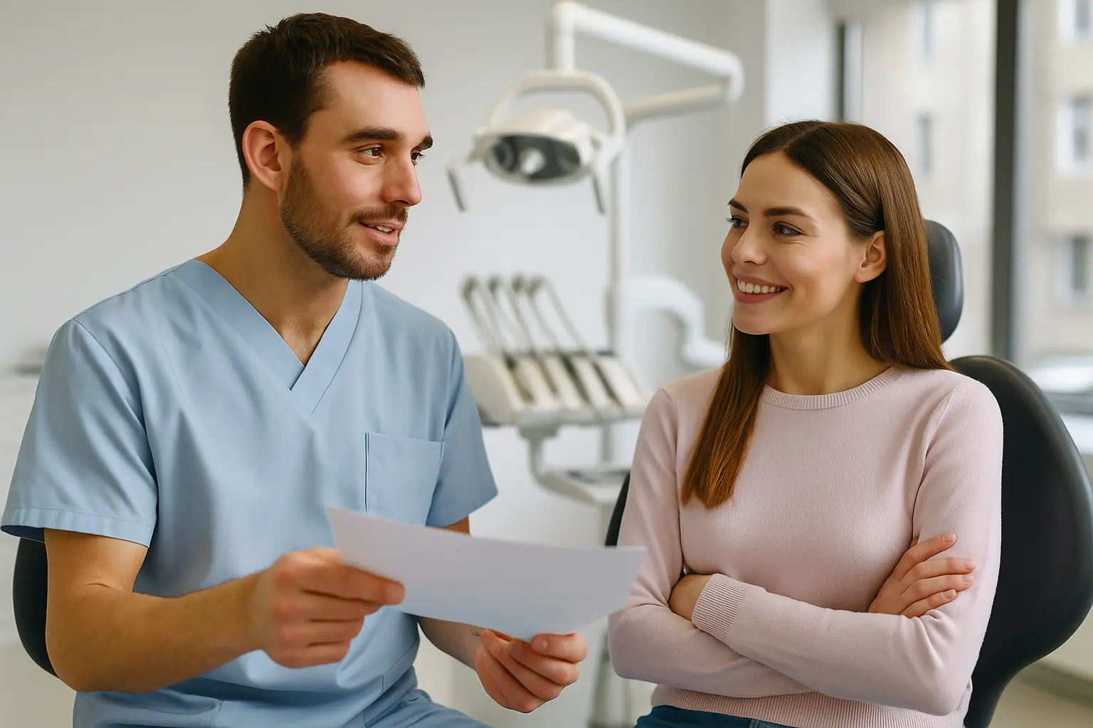 Paciente hablando con su dentista durante una consulta previa en clínica dental moderna.