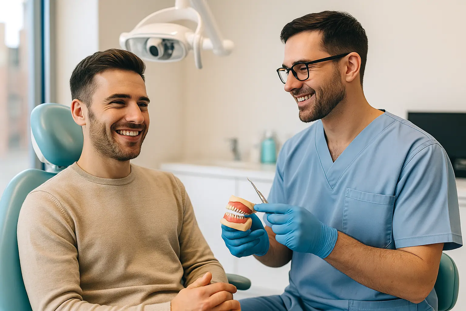 Paciente en consulta dental hablando con su dentista antes del tratamiento