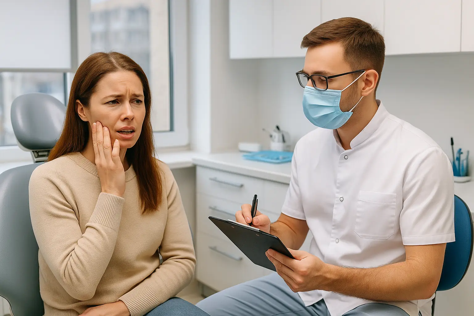 Paciente con dolor de mandíbula durante una revisión dental, acompañado por un odontólogo en consulta moderna y luminosa.