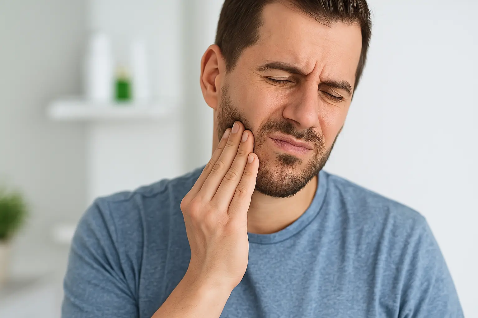 Persona joven con dolor de mandíbula tocándose la cara en casa, imagen realista y luminosa que representa tensión mandibular o bruxismo.