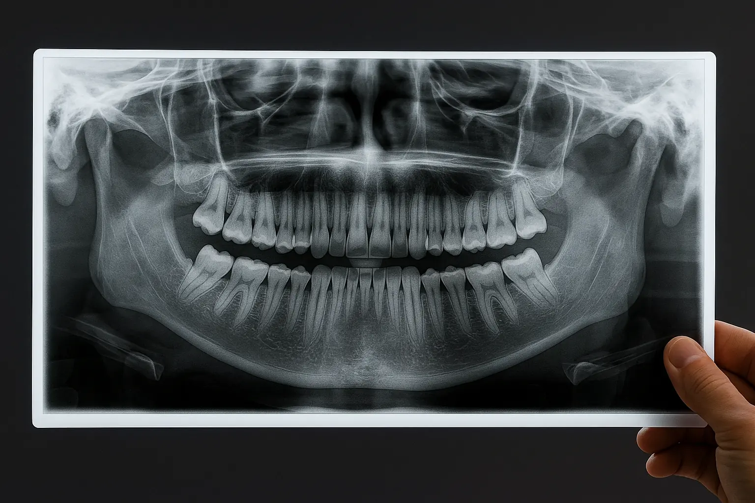 Radiografía panorámica dental que muestra la mandíbula y los dientes, utilizada para diagnosticar dolor mandibular o disfunción articular.
