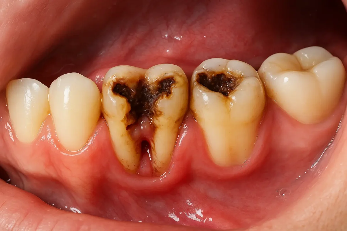 Primer plano de los dientes de un paciente adulto que necesita tratamiento para reparar dientes podridos