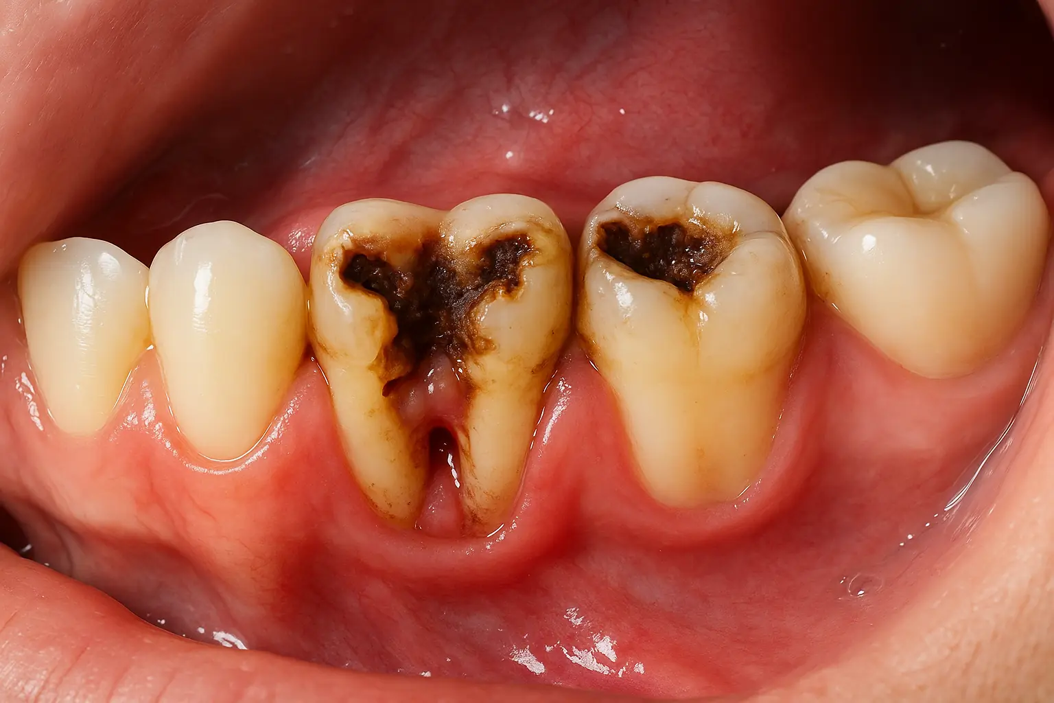 Primer plano de los dientes de un paciente adulto que necesita tratamiento para reparar dientes podridos