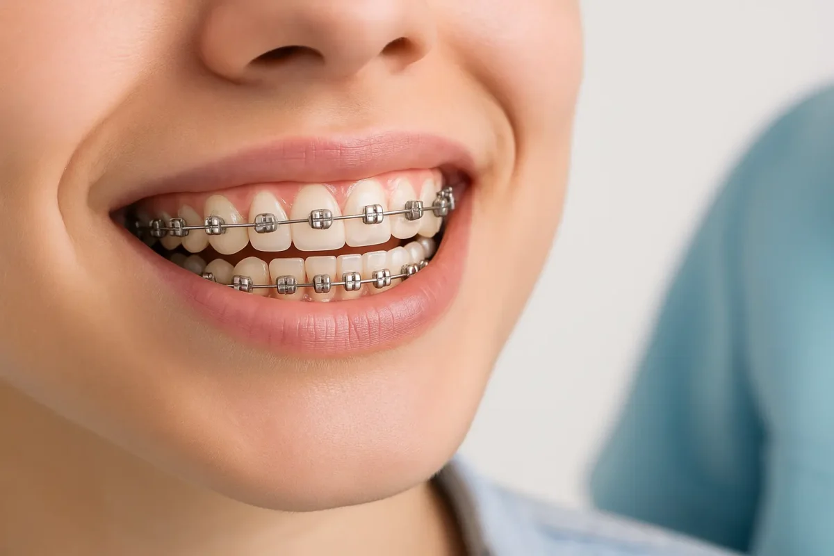 Paciente con aparato dental moderno para corregir la mordida en consulta odontológica