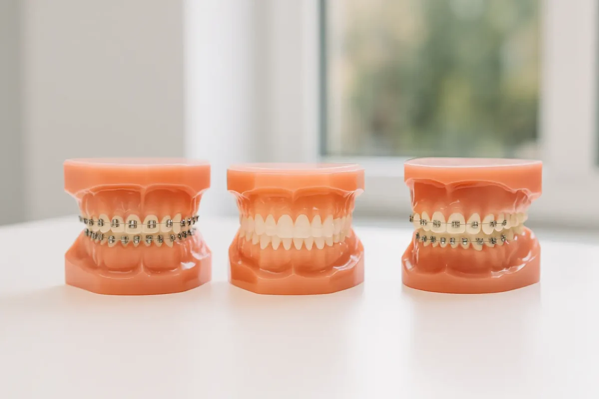 Modelos dentales con diferentes tipos de aparatos para corregir la mordida en una clínica moderna