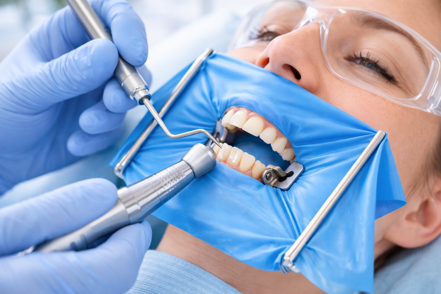 Dique dental aislando un diente durante un tratamiento odontológico con máxima precisión y seguridad